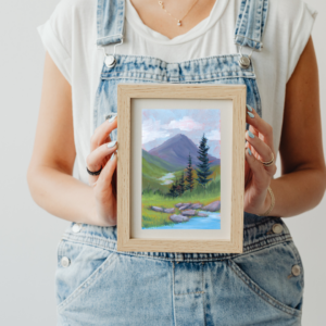 High Places mountain landscape painting inspired by Habakkuk 3:19 featuring evergreen trees, a winding river, and peaceful mountain scenery by Christian artist Cassie Jones.