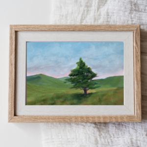Rooted Christian landscape painting inspired by Colossians 2:7 featuring a solitary tree standing in rolling green hills beneath a peaceful sky by Cassie Jones.