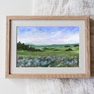 Fine art print gouache landscape painting titled 'He Gives Rest,' featuring evergreen trees overlooking a peaceful mountain valley beneath a soft pink sunrise sky.