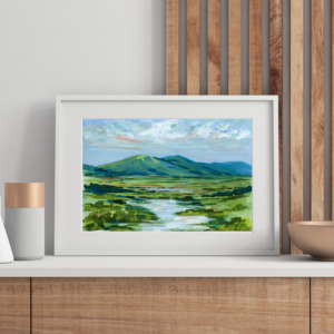 He Restores My Soul landscape painting inspired by Psalm 23 featuring green mountains, peaceful waters, and Christian wall art by Cassie Jones.
