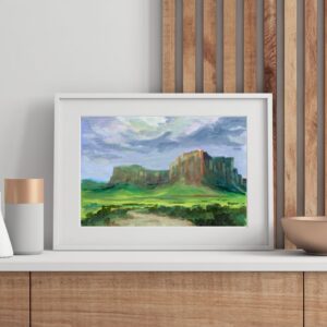 landscape acrylic painting of towering desert mesas beneath dramatic blue clouds with green desert plains, inspired by Psalm 90:2 and titled "From Everlasting."